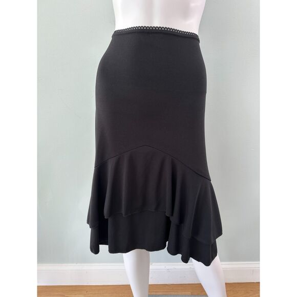 90s Vintage Black Asymmetrical Ruffle Hem Midi Skirt Elegant Feminine size Large - Picture 5 of 7